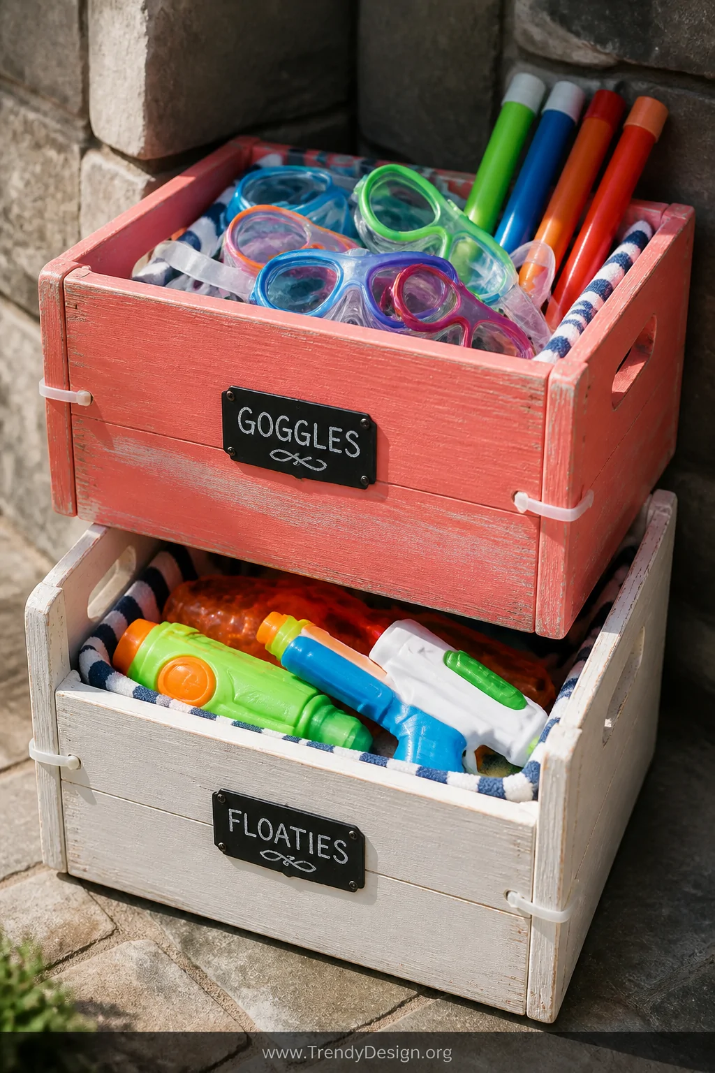 A closeup shot of two wooden wine crates painted in a chalky coral and white finish, zip-tied together into a tiered outdoor 
