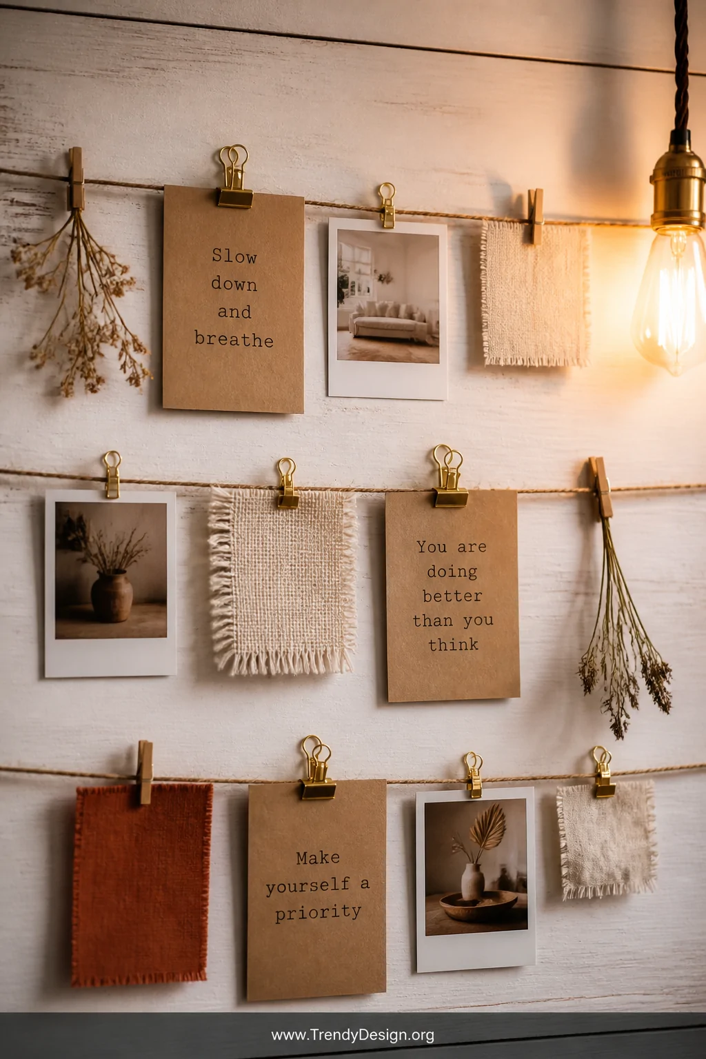 A detail shot of three horizontal lines of raw twine strung across a whitewashed plank wall with small brass and natural wood
