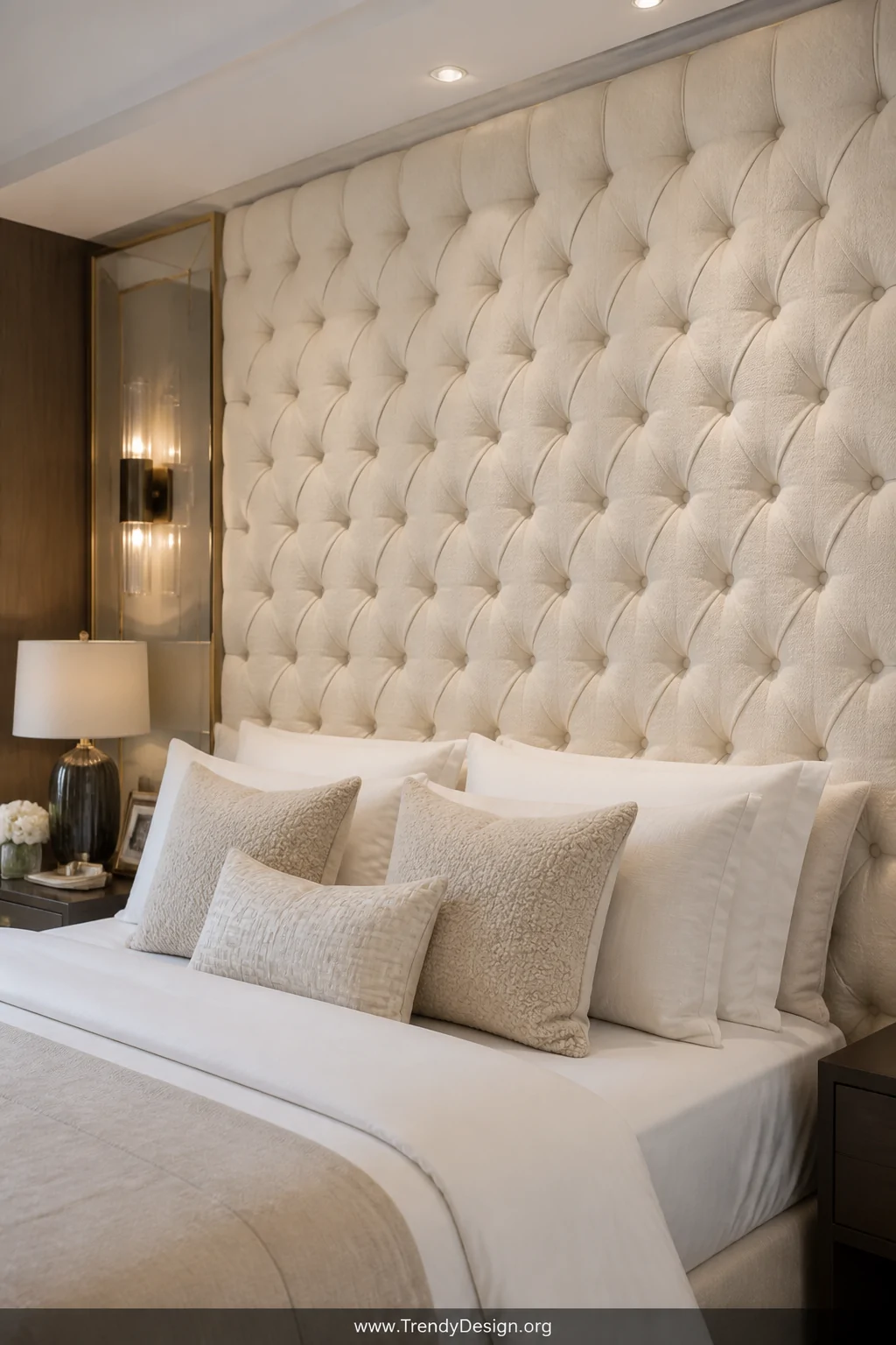 Medium shot of a luxurious bedroom headboard made from a tufted boucle fabric panel in a warm neutral ivory tone mounted abov
