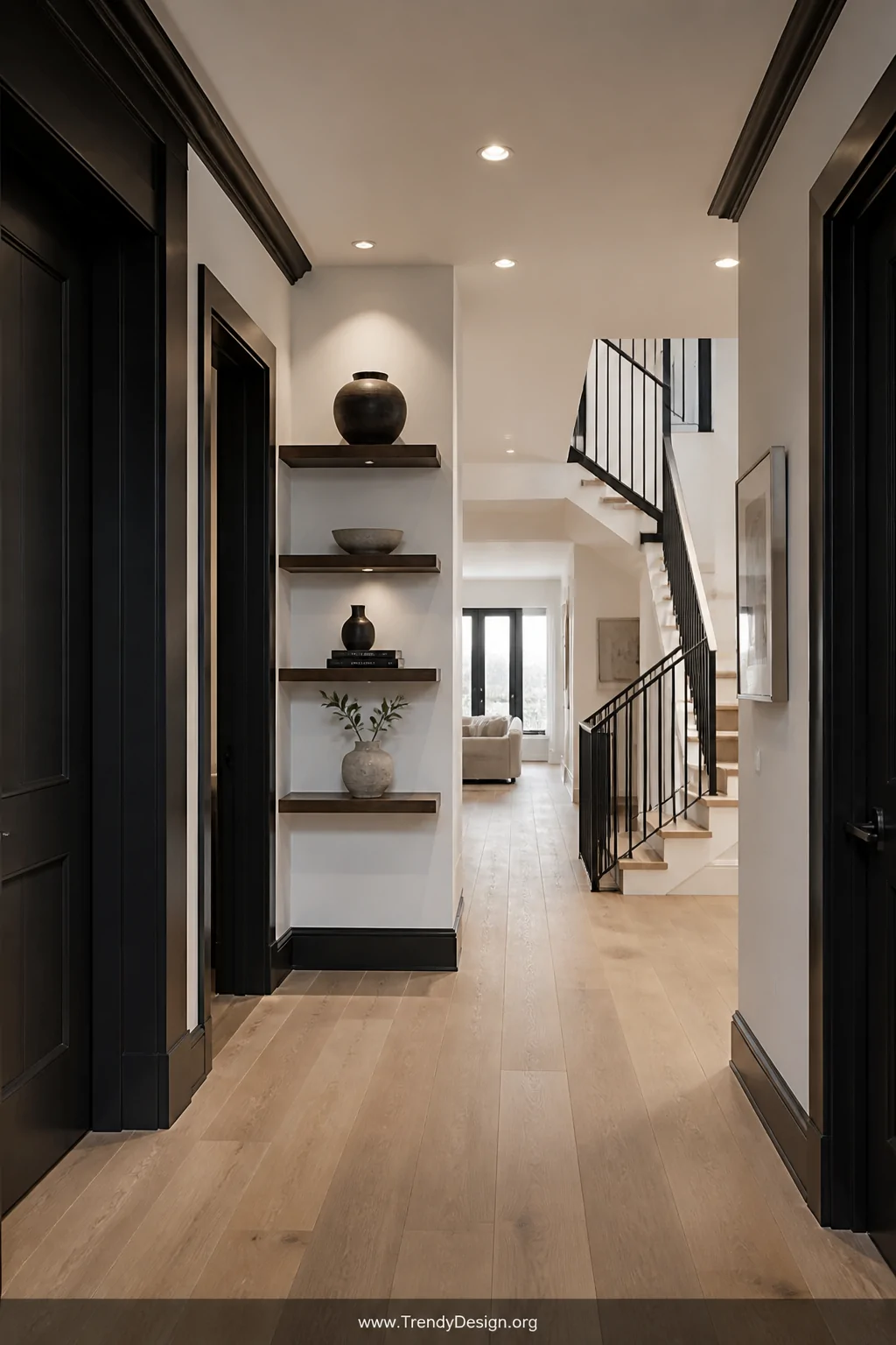 Wide shot of a bright interior hallway with white walls dramatically framed by deep charcoal-painted door frames and baseboar