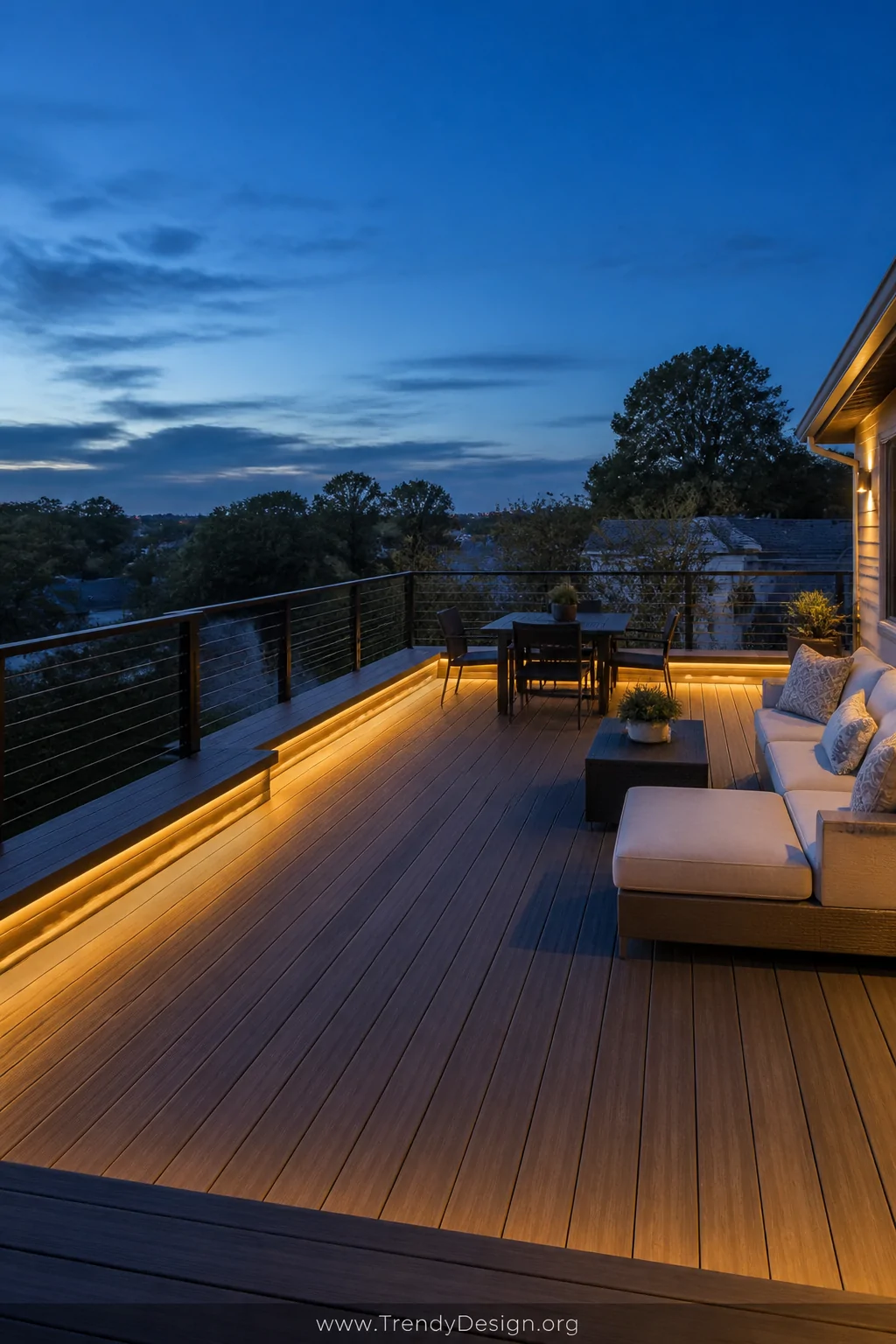 Wide photorealistic shot of a rooftop deck above a flat porch at dusk, featuring warm grey composite decking boards laid in a