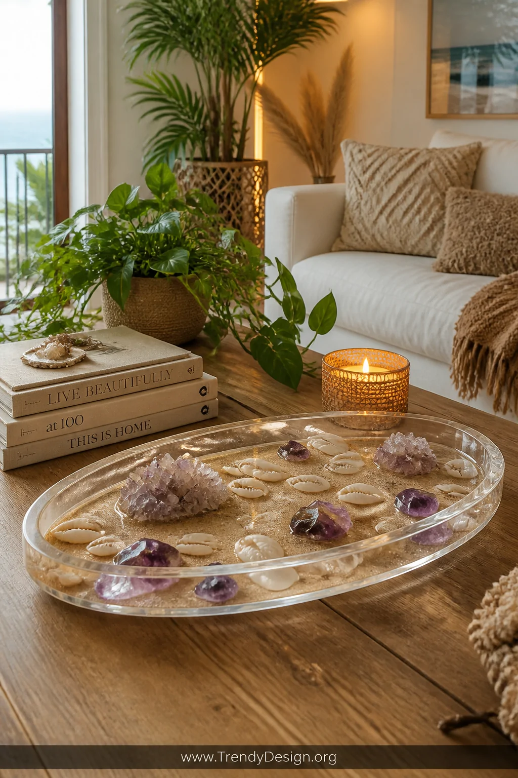 A wide styled shot of a bohemian living room coffee table featuring a large oval clear resin tray with a sandy amber base, sc