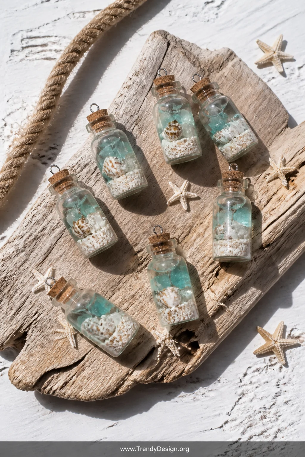 A medium overhead shot of ocean-themed mini bottle charms arranged on a sun-bleached driftwood board, each layered with white
