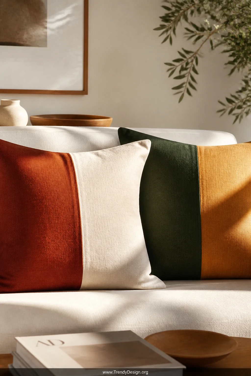 Detail closeup shot of two color-blocked pillow cases resting against a neutral sofa   one split vertically in bold terracott