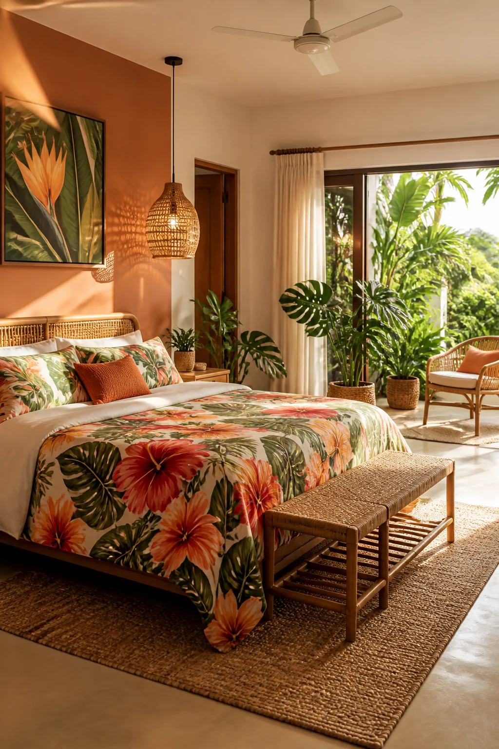 Wide room shot of a bright tropical bedroom anchored by vibrant hibiscus and bird of paradise floral bedding, warm white and 