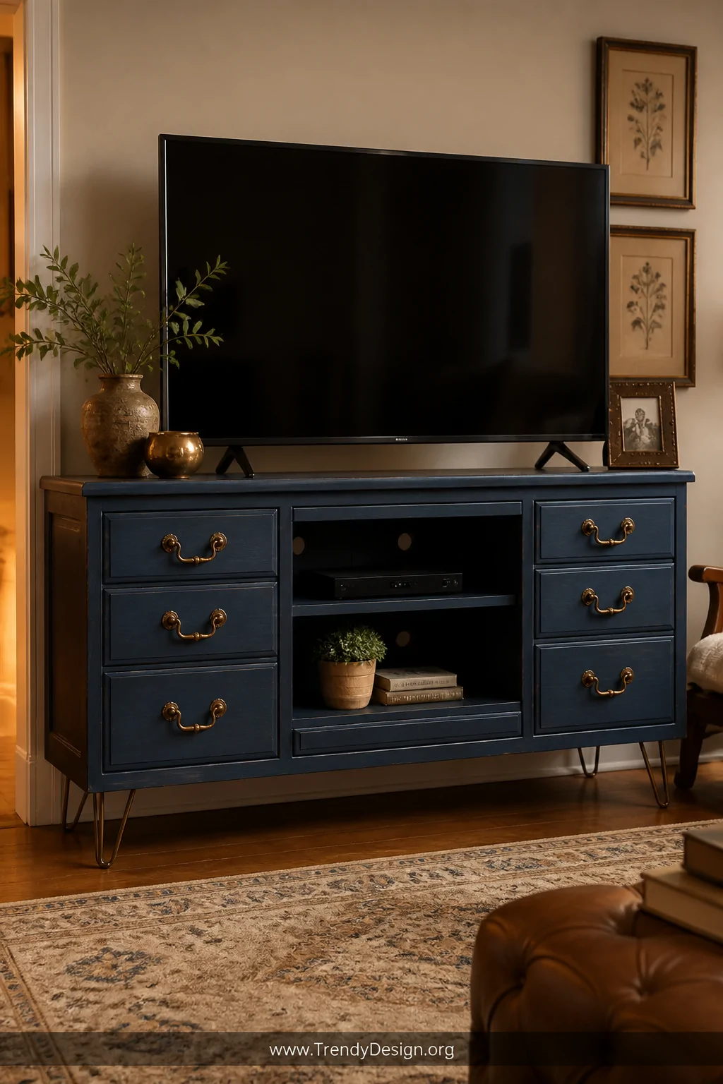 A wide room shot of a vintage chunky dresser transformed into a media console painted in deep navy chalk finish with hairpin 