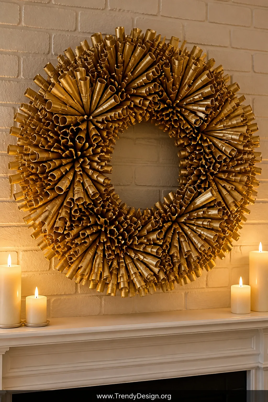 Close-up medium shot of a stunning wreath mounted above a white painted brick fireplace mantel, constructed from densely pack