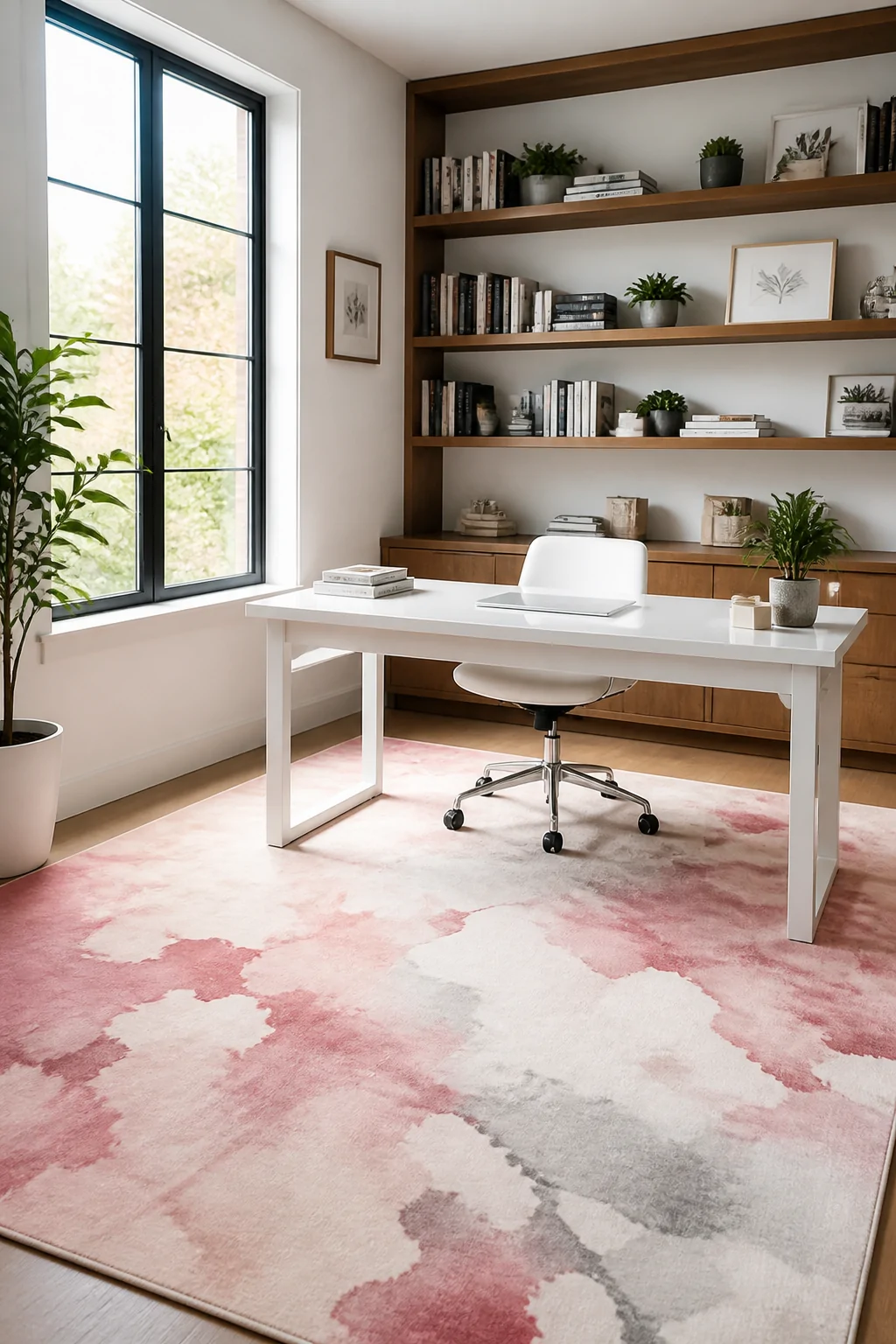 Medium shot of a bright home office with an abstract watercolor-style pink and white area rug beneath a clean white desk, ope