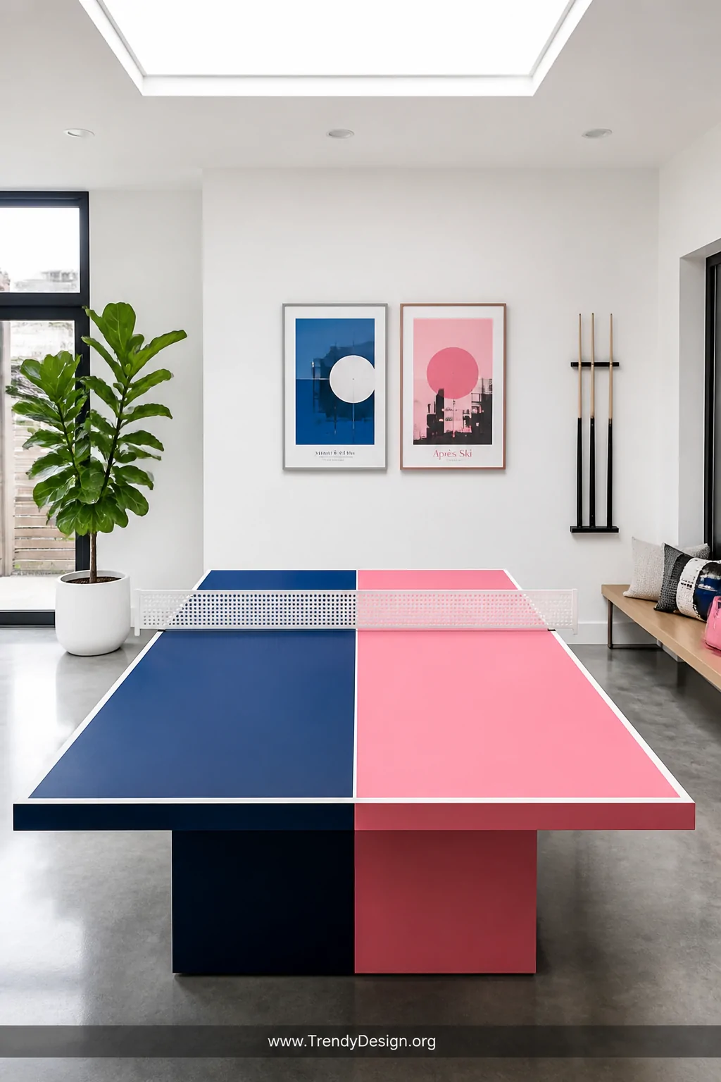 Closeup medium shot of a two-tone ping pong table split down the center in bold navy blue and blush pink, the sharp color-blo