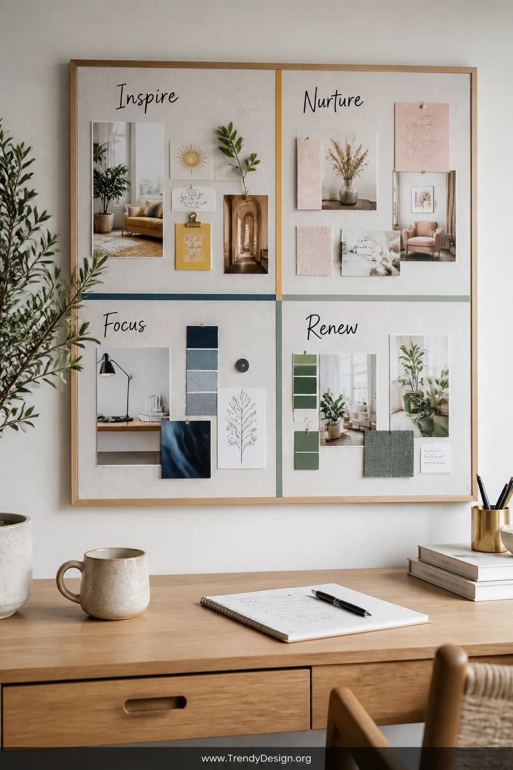 A medium shot of a linen-backed inspiration board neatly divided into four distinct color-coded zones separated by thin washi