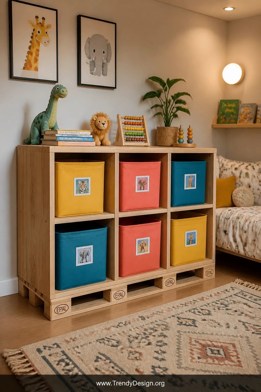 Wide room shot of a tidy children's bedroom corner featuring a sturdy upright double-pallet cubby storage unit in natural san
