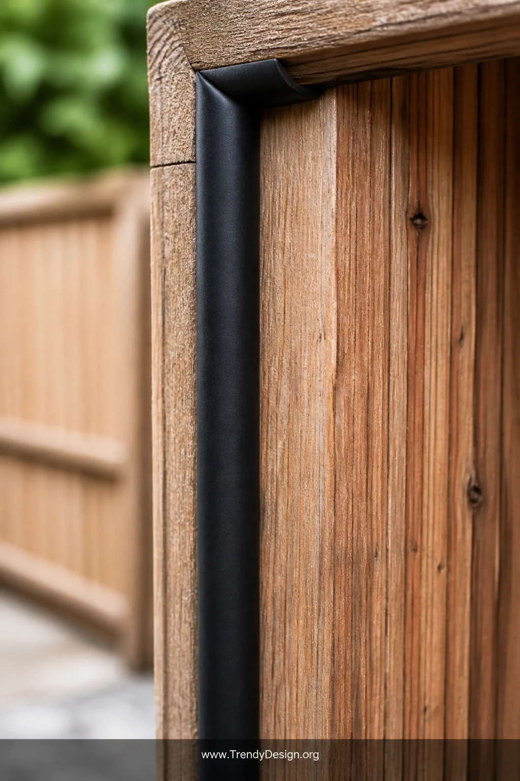 Close-up detail shot of black UV-resistant rubber weatherstripping pressed firmly along the raw wood edge of a natural cedar 
