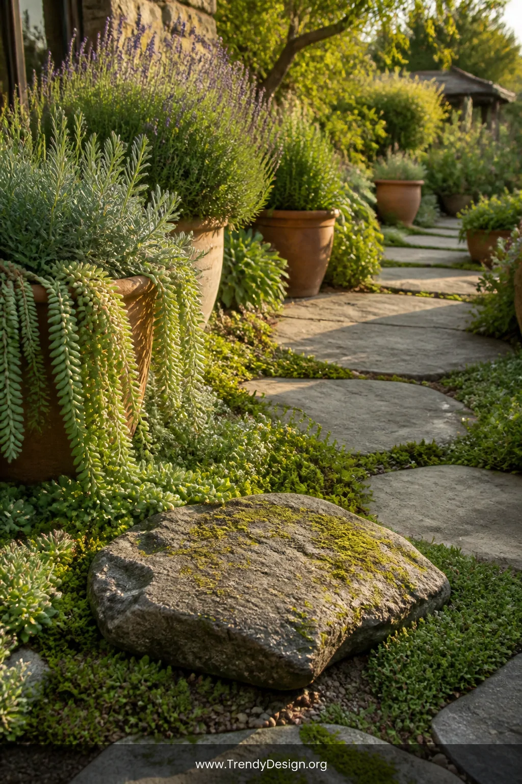 A wide garden shot of a sun-drenched stone pathway bordered by terracotta and concrete planters overflowing with trailing suc