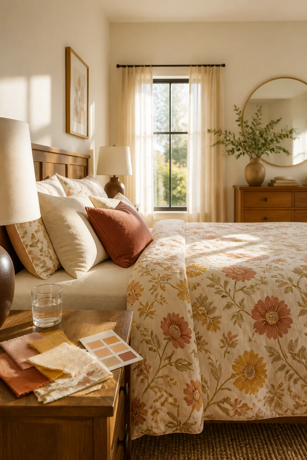 Wide shot of a sunlit bedroom with cream walls and warm honey-toned wood furniture featuring a neatly made bed dressed in flo