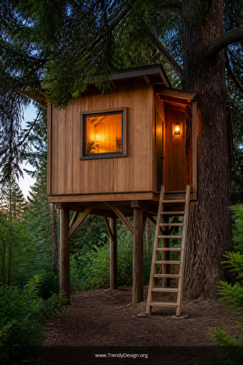 Wide photorealistic shot of a freestanding treehouse-style retreat built on stout wooden posts, featuring a fully enclosed ce