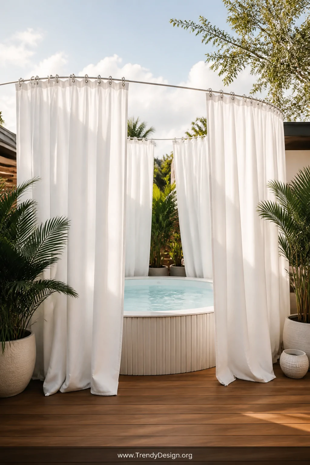 A medium-wide stylish outdoor shot of multiple overlapping crisp white weatherproof outdoor curtain panels clipped together a