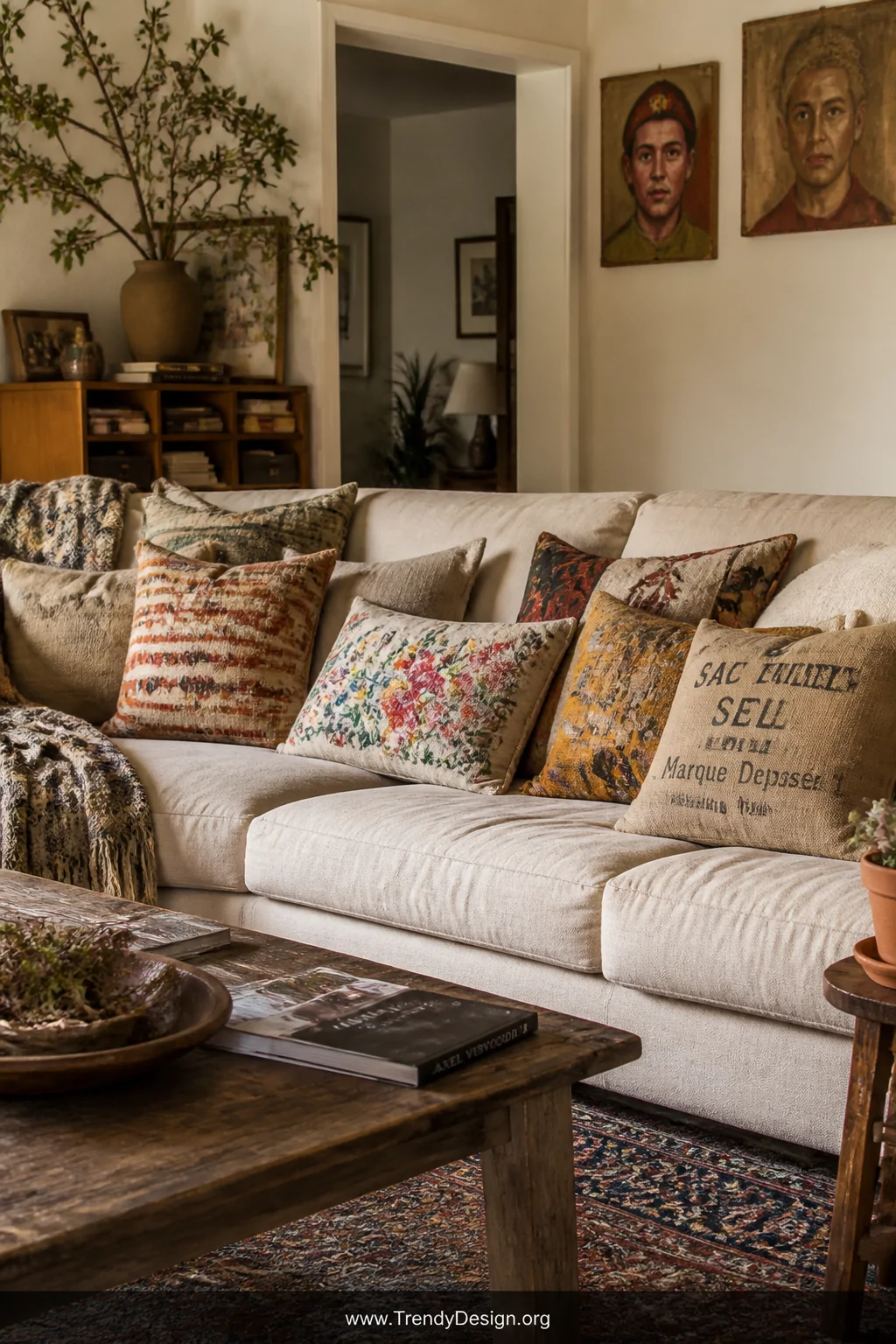 Wide shot of a bohemian living room sofa covered in an intentionally mismatched collection of vintage and thrifted pillow cas