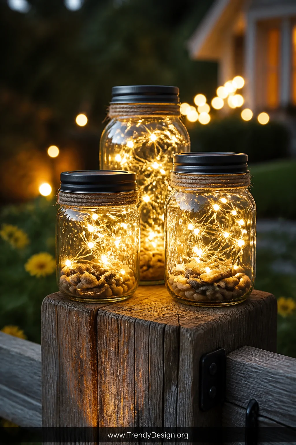 A close-up detail shot of three wide-mouth mason jars stuffed with warm white fairy lights, arranged in an odd-numbered clust