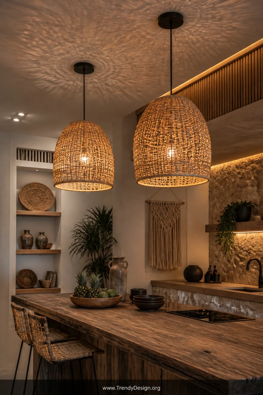 Medium shot looking up at two woven rattan hand-crank pendant lights hanging side by side over a long reclaimed wood kitchen 