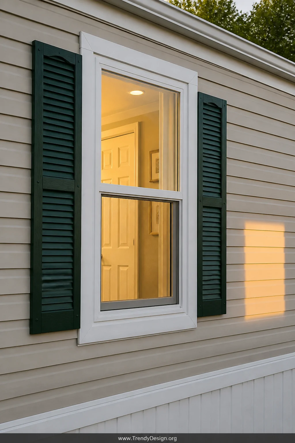 A detail closeup shot of a mobile home's new oversized double-pane window framed by crisp bright white exterior trim molding,
