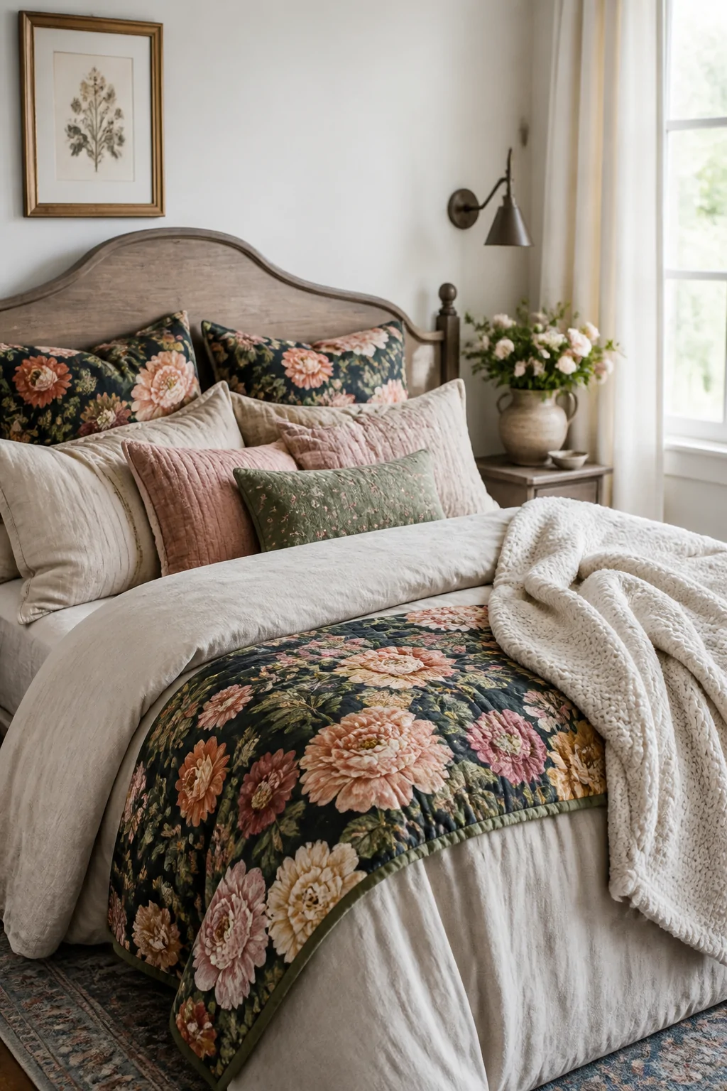 Medium shot of a beautifully layered bed styled with a soft neutral linen duvet as the base, a bold floral quilt draped acros