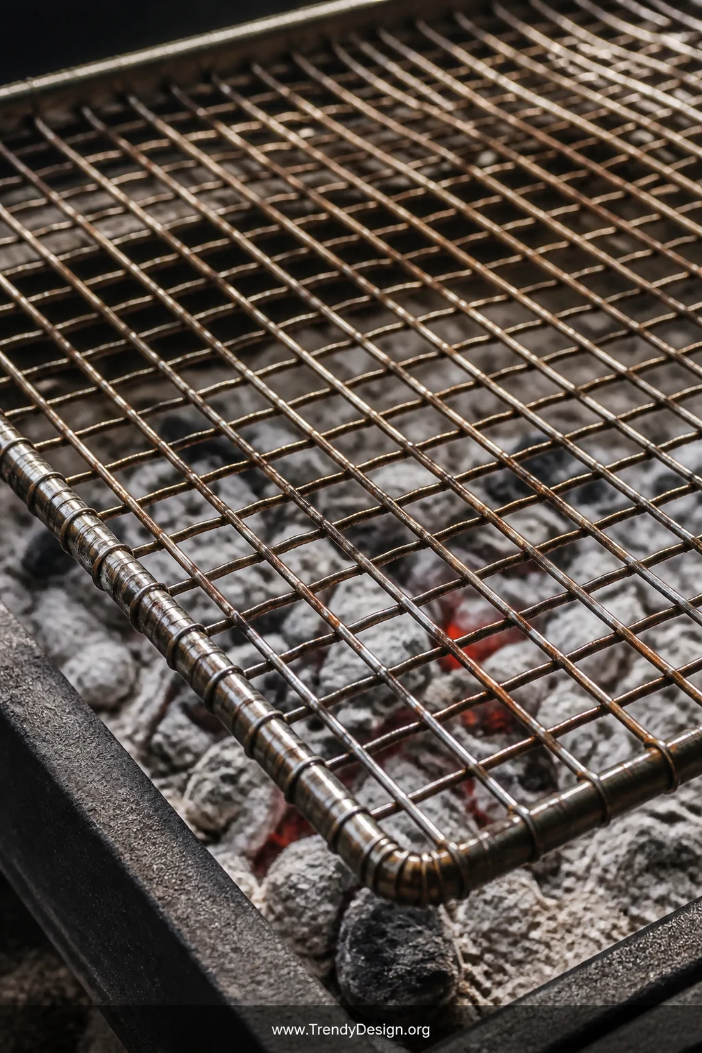 A close-up detail shot of a bare raw steel wire grid panel repurposed as a grill grate, its uniform square mesh pattern light