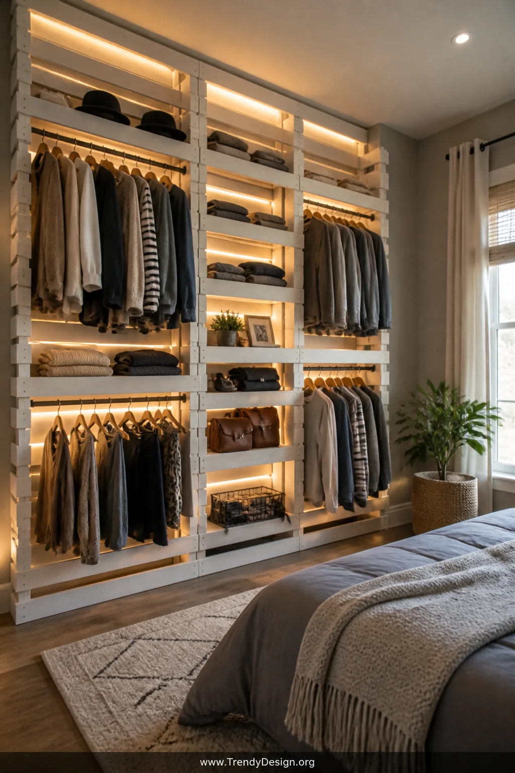Wide room shot of a small bedroom featuring a floor-to-ceiling open pallet wardrobe wall with smooth, white-stained wood moun