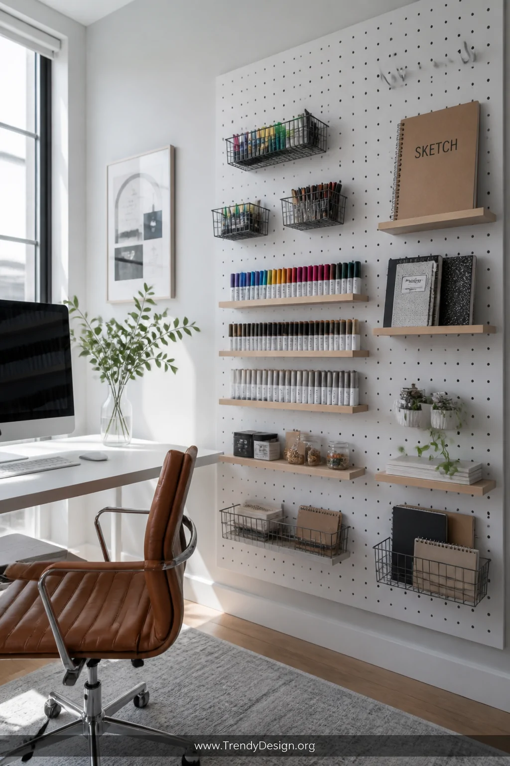 A wide room shot of a bright home office corner featuring a white painted pegboard wall mounted with small metal hooks, wire 