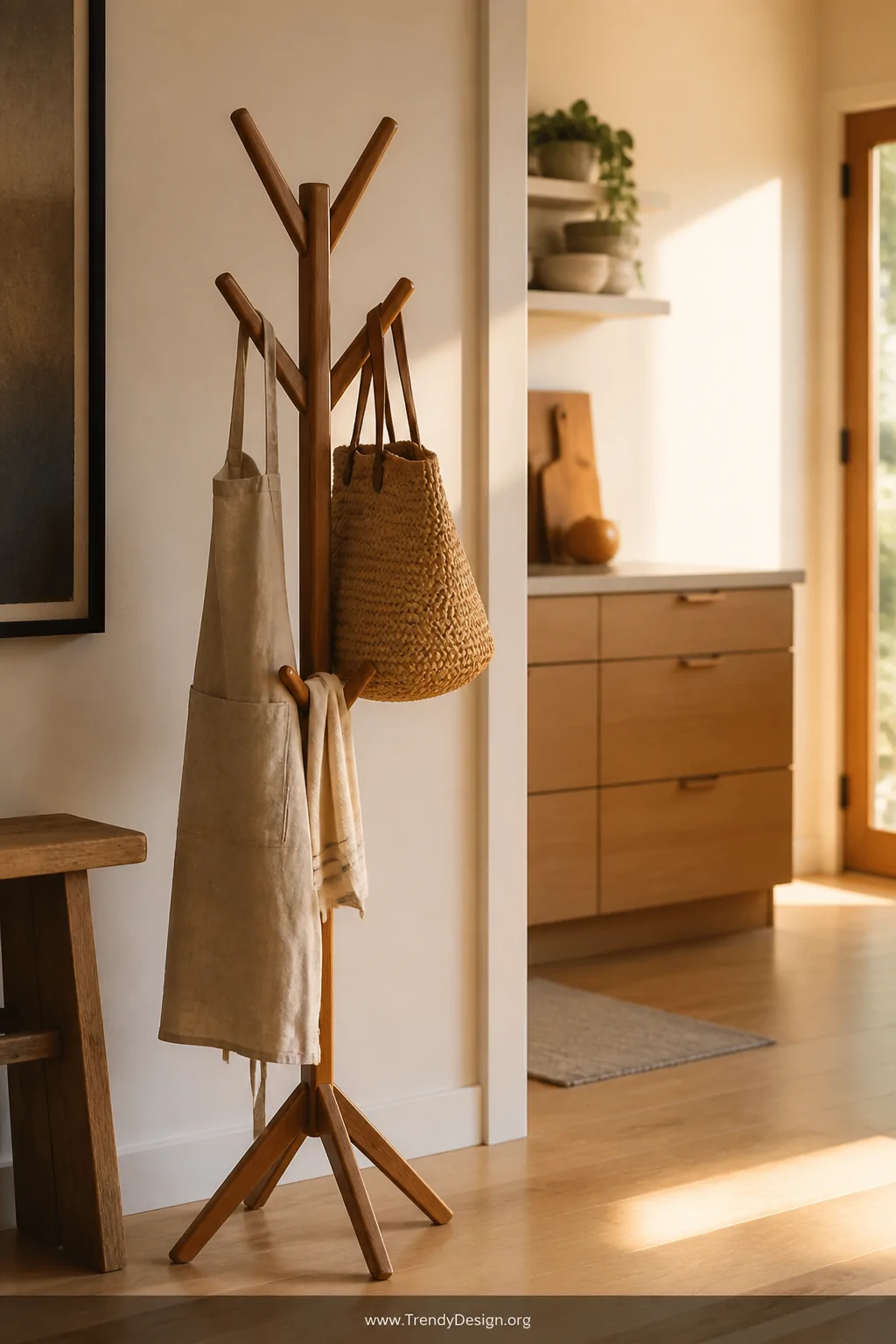 Medium shot of a slender mid-century modern wooden freestanding coat rack positioned near a kitchen doorway on light oak hard