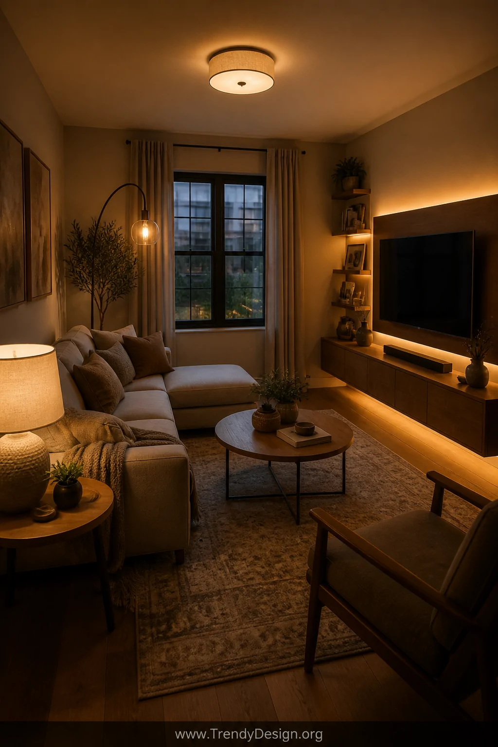 Wide photorealistic evening shot of a small living room glowing with layered lighting, a dimmed flush-mount overhead light pr
