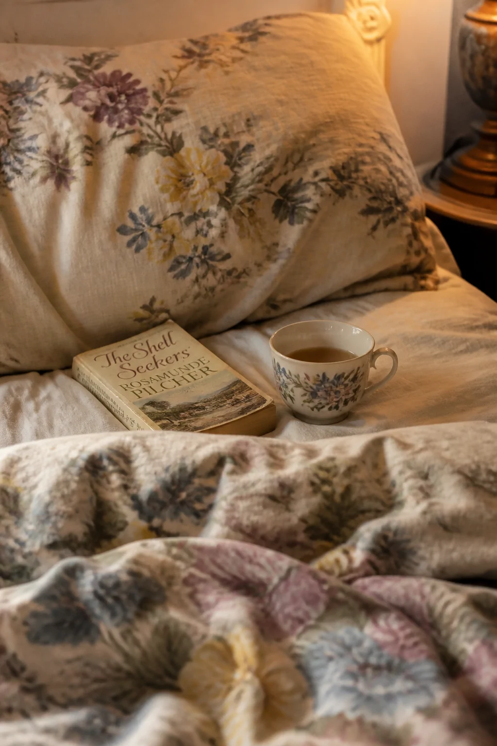 Closeup detail shot of rumpled vintage floral bedding in soft watercolor-like blooms of dusty mauve, butter yellow, and faded
