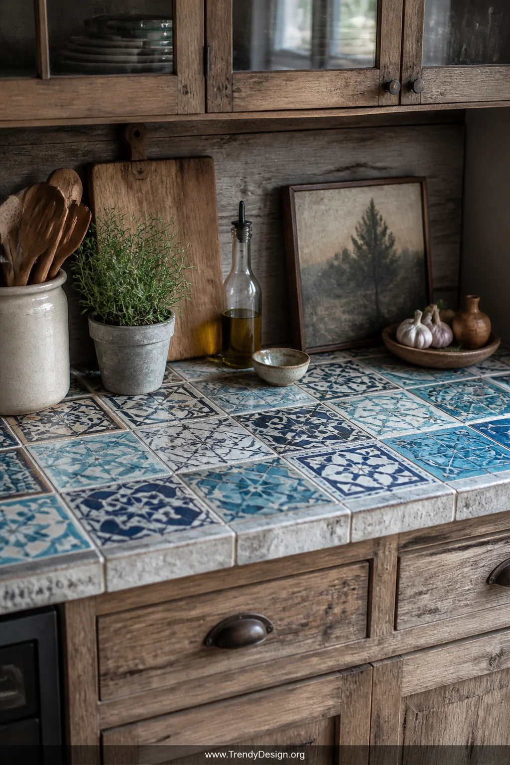A medium shot of a charming kitchen countertop assembled from mismatched vintage and reclaimed tiles in varying shades of blu