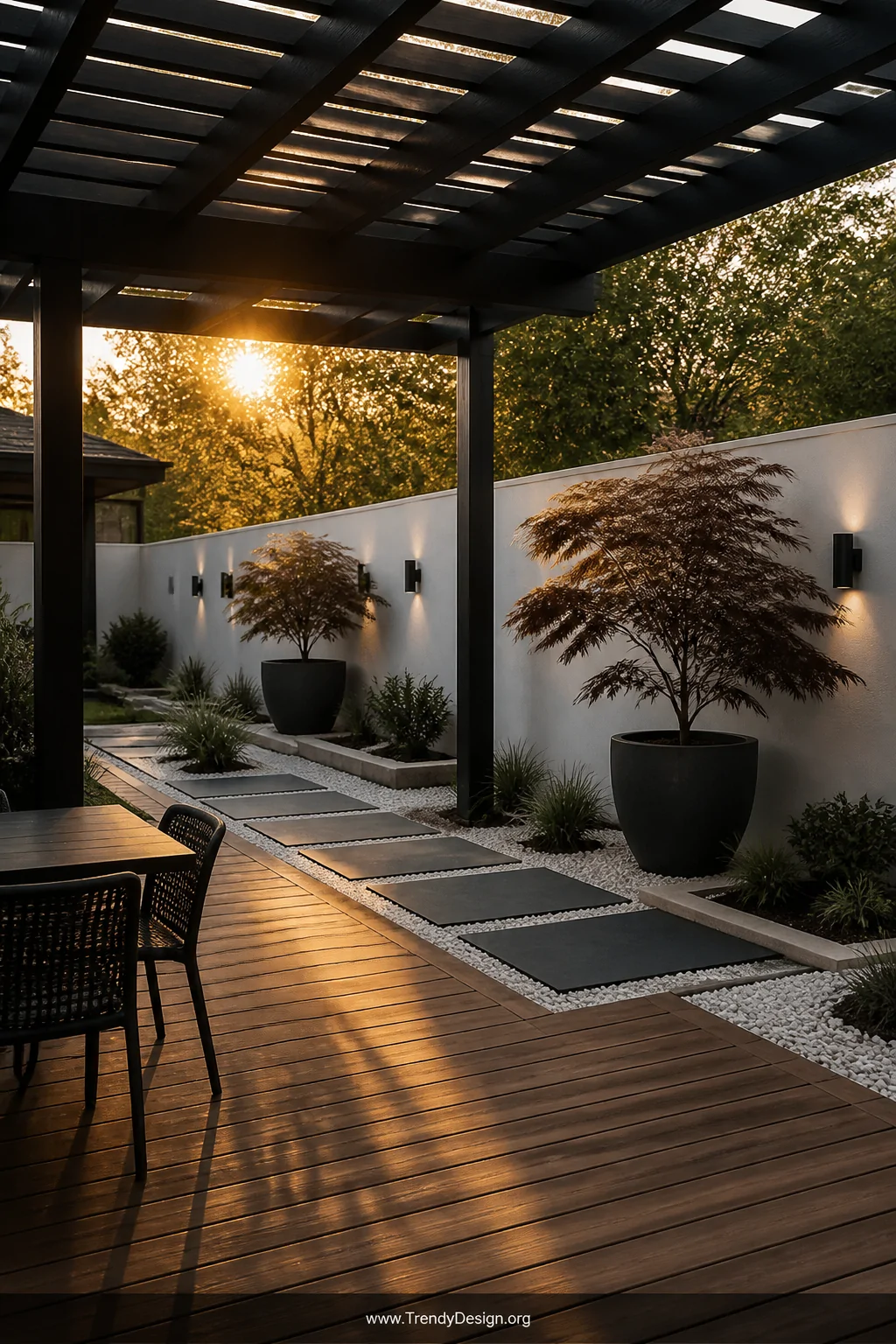 Wide shot of a sophisticated outdoor garden space featuring a black-painted pergola casting geometric shadow patterns over na
