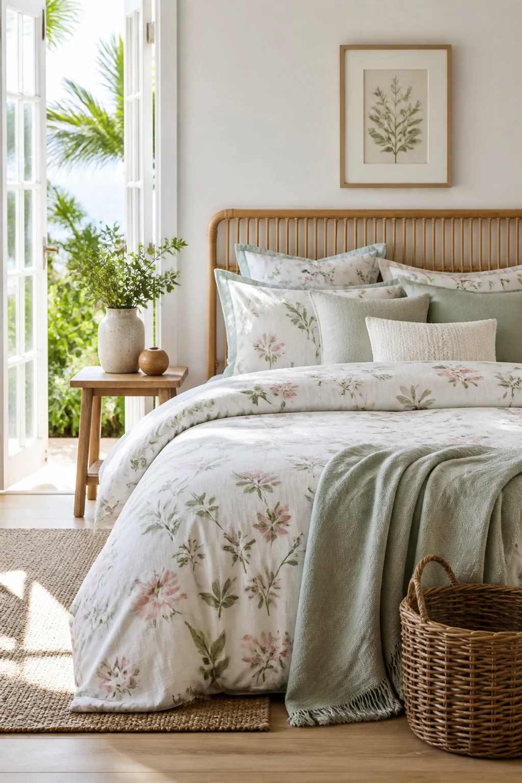 Medium shot of a bright airy bedroom styled for warm-weather sleeping with crisp white linen floral duvet cover in soft sage 
