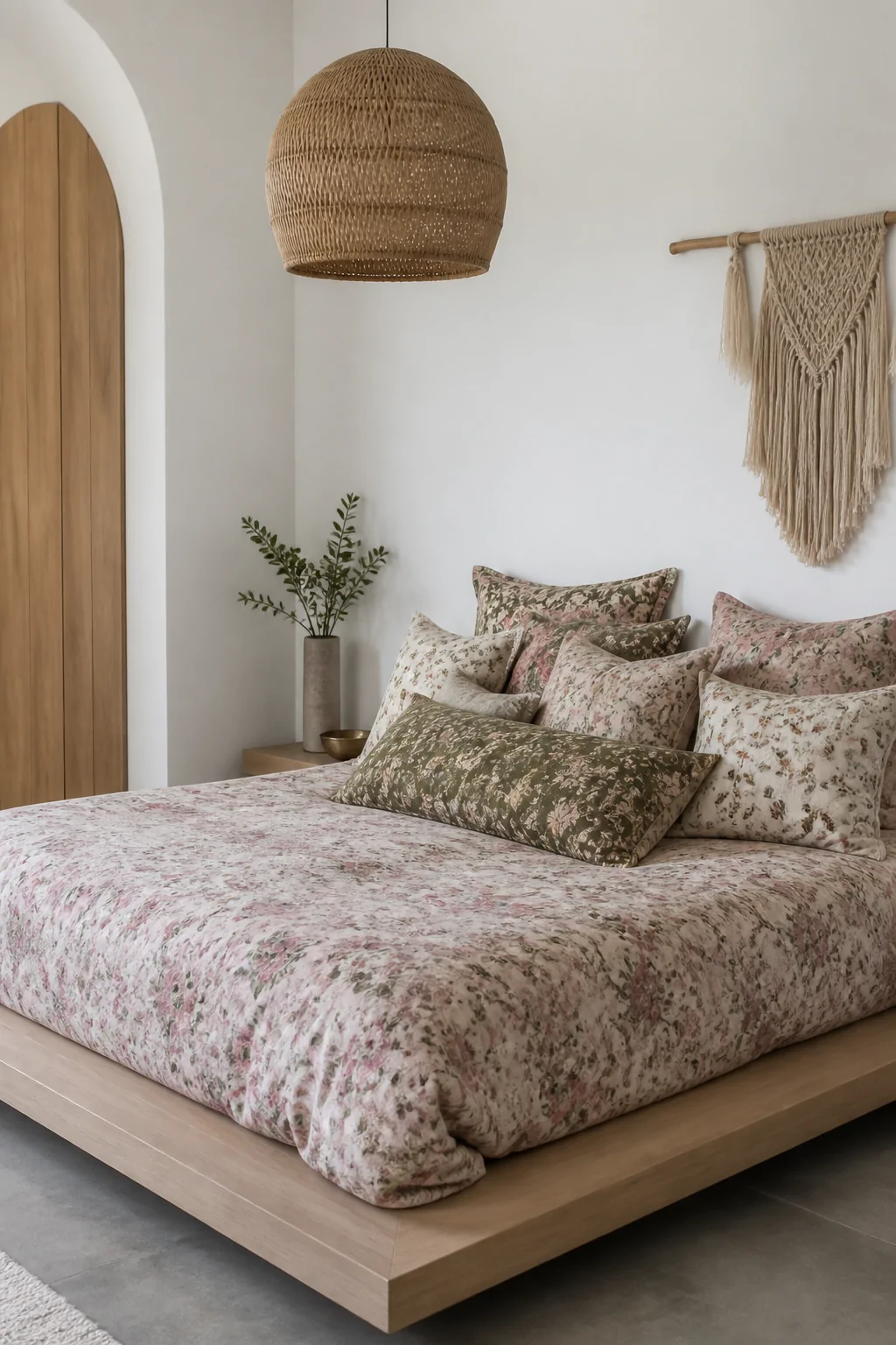 Medium shot of a sleek low-profile platform bed in a minimalist bedroom with clean white walls, draped in a softly faded vint