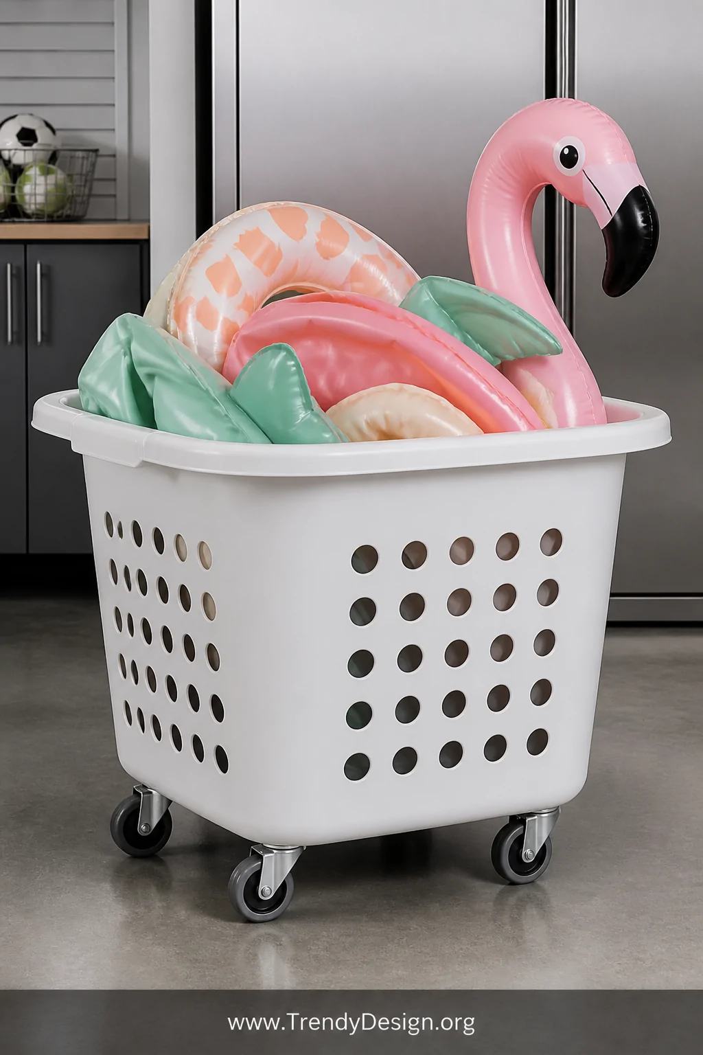 Detail shot of a large white ventilated rolling laundry basket on a smooth gray garage floor, overflowing with deflated paste