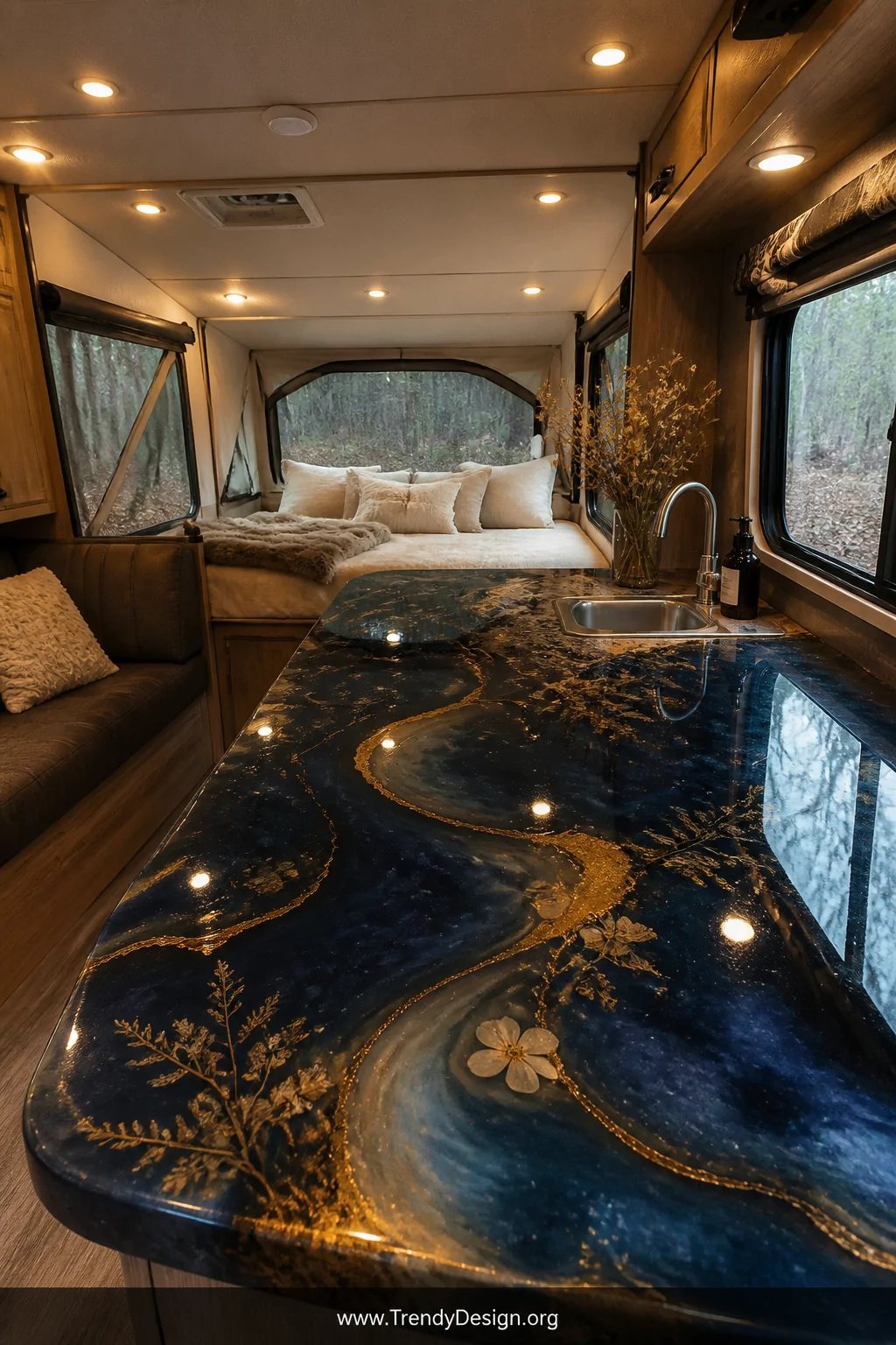 A wide shot of a dramatic pop-up camper interior featuring a stunning epoxy resin countertop with deep navy blue and swirling
