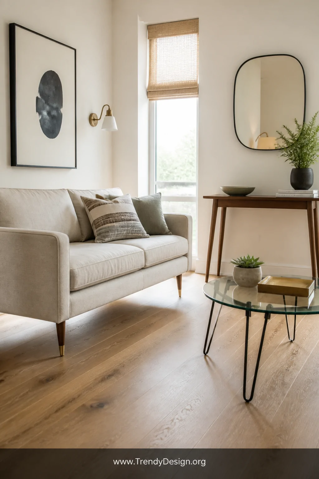 Medium shot of a compact living room seating area featuring a low-profile sofa with slim brass-tipped tapered legs in soft oa
