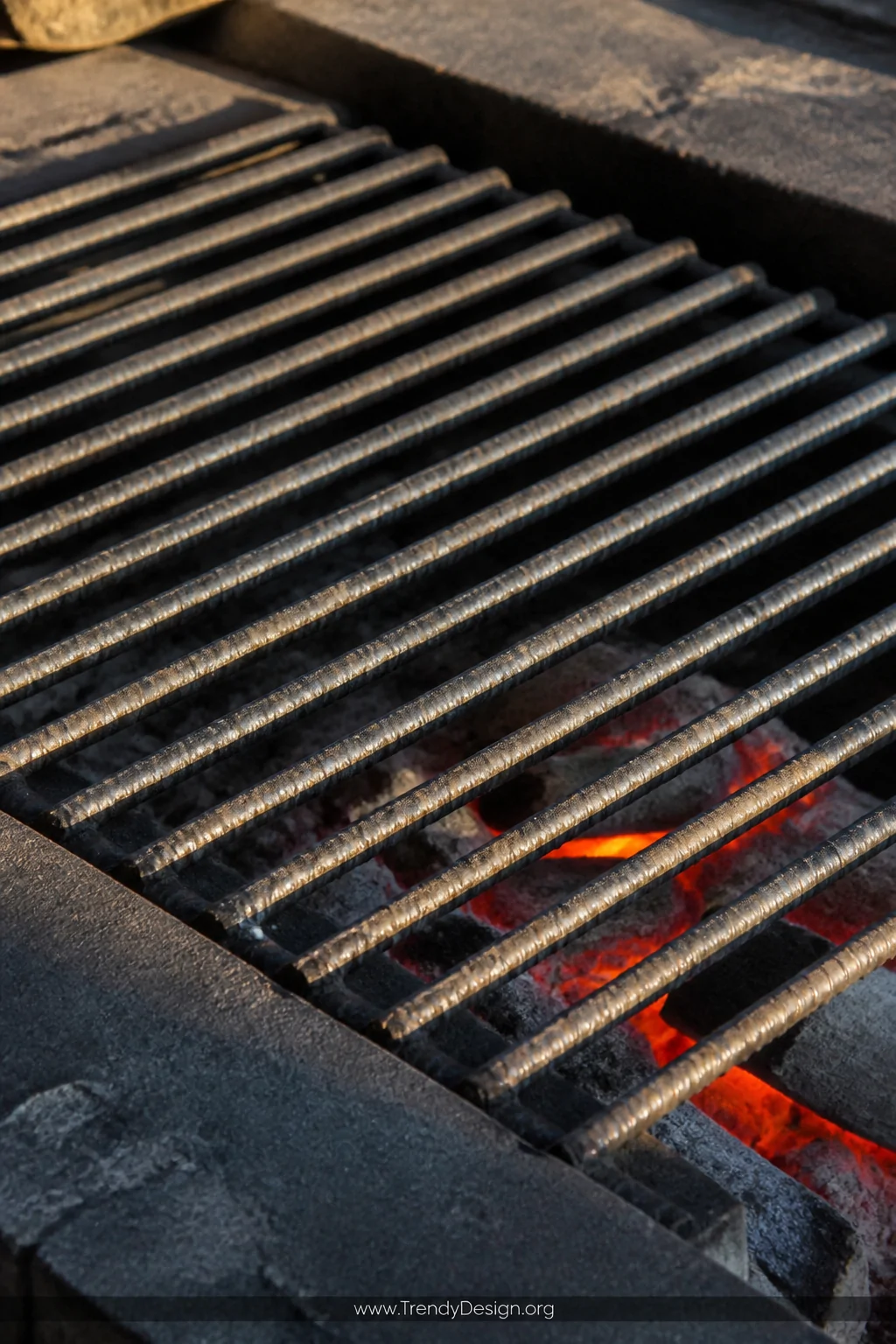 A close-up detail shot of a rustic DIY steel rebar grill grate with evenly spaced 3/8-inch rods arranged in a tight parallel 