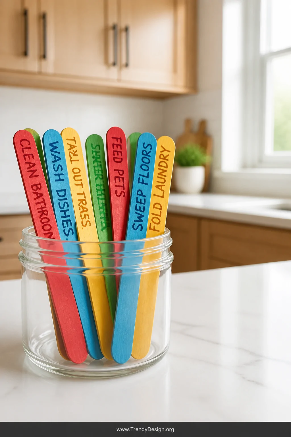 A closeup shot of a clear glass jar on a white kitchen counter holding a collection of colorful popsicle sticks in red, blue,