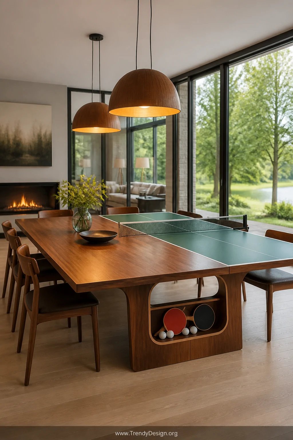 Wide shot of an elegant open-plan dining room featuring a sleek walnut convertible ping pong dining table with matching walnu