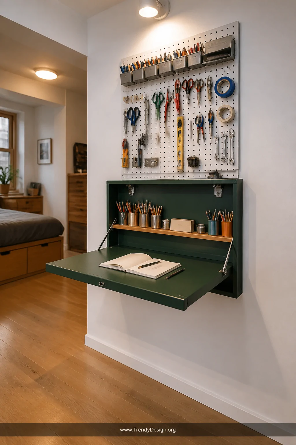 Medium shot of a wall-mounted fold-down drawing table painted in deep forest green unfolded against a white wall in a compact