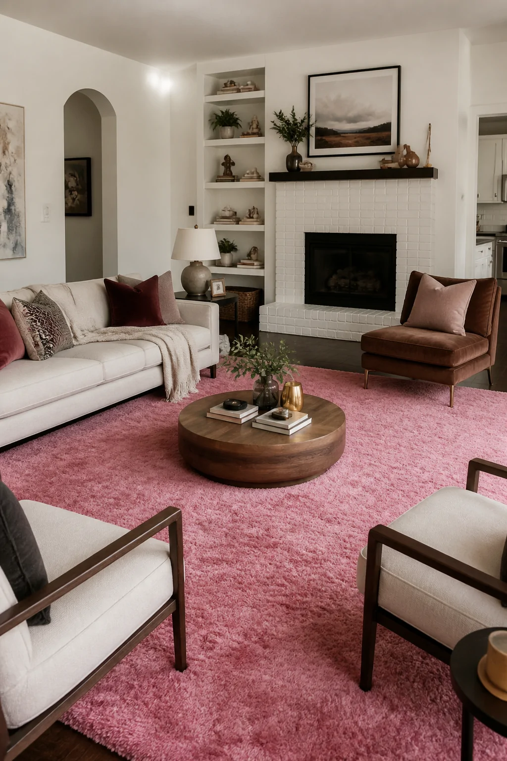 Wide photorealistic interior shot of a stylishly complete living room where a bold blush pink plush rug anchors a full seatin