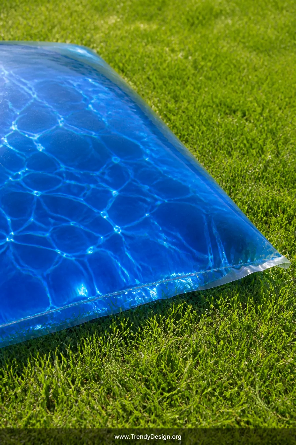 Close-up detail shot of a large shimmering water blob made from clear 4-mil plastic sheeting lying flat on a manicured green 