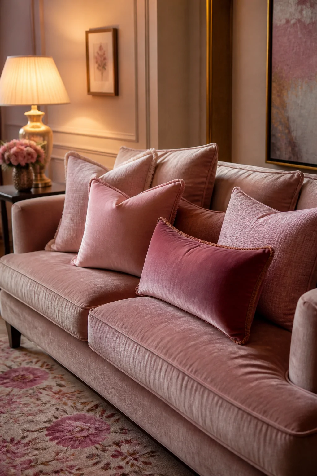 A medium closeup shot of a plush sofa styled with a mix of blush velvet throw pillows and dusty rose textured linen cushions 