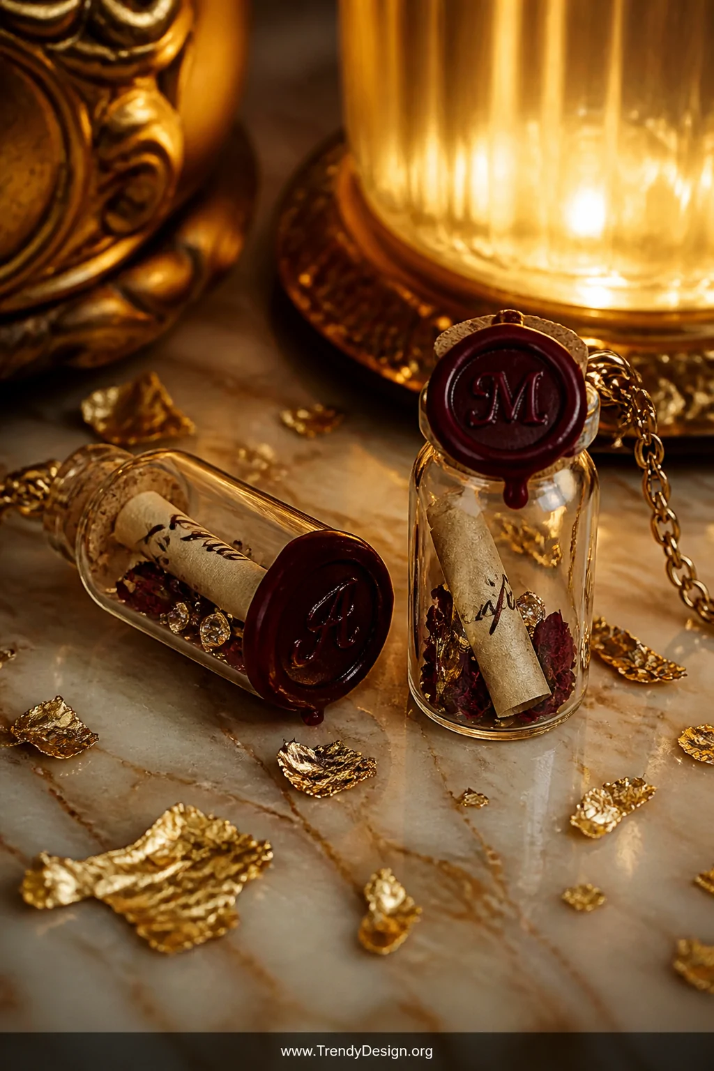 A close-up detail shot of two elegant mini glass bottle charms resting on a marble surface, each containing a tightly rolled 