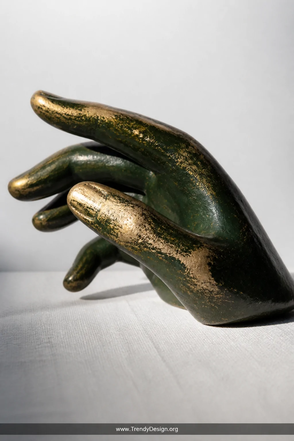 A close detail shot of a wax hand sculpture painted in deep emerald green with brushed gold gilding rubbed across the raised 