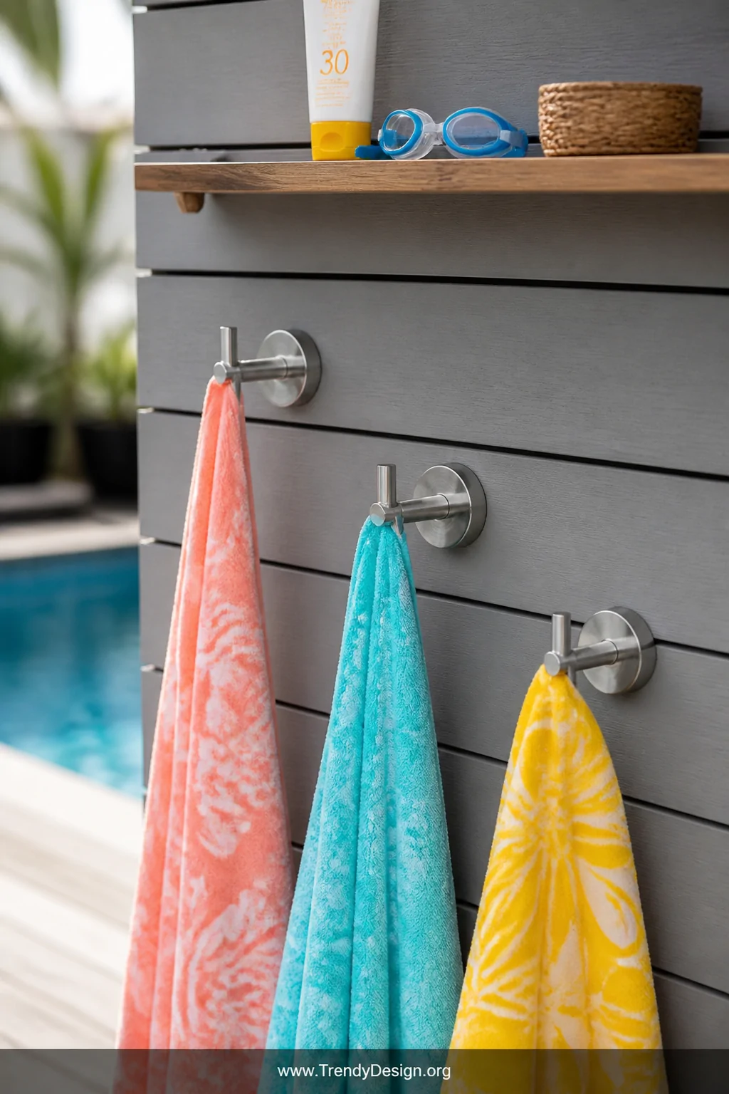 A detail-to-medium shot of a row of brushed stainless steel wall-mounted towel hooks installed at varying heights along a gre