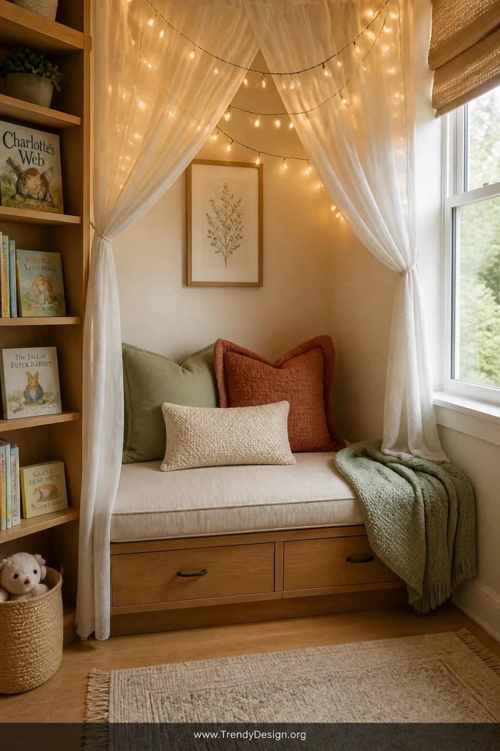 Medium shot of a snug reading nook tucked beside a window, with a cushioned built-in bench upholstered in oatmeal linen, a ca