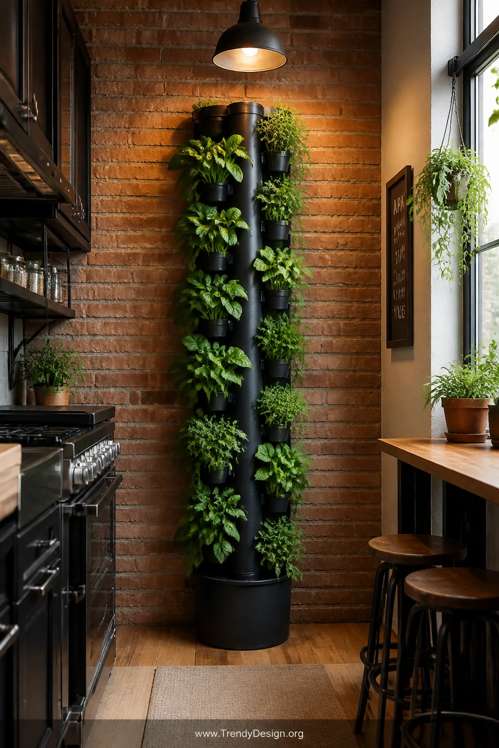 A dramatic floor-to-ceiling vertical PVC pipe tower mounted against a exposed brick kitchen wall, painted matte black, with e